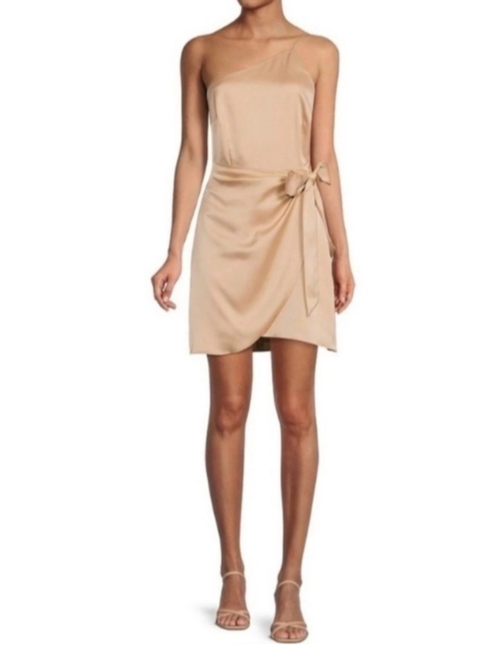 Gianni Bini One-Shoulder Tie-Waist Satin Mini Dress in Nude size 4